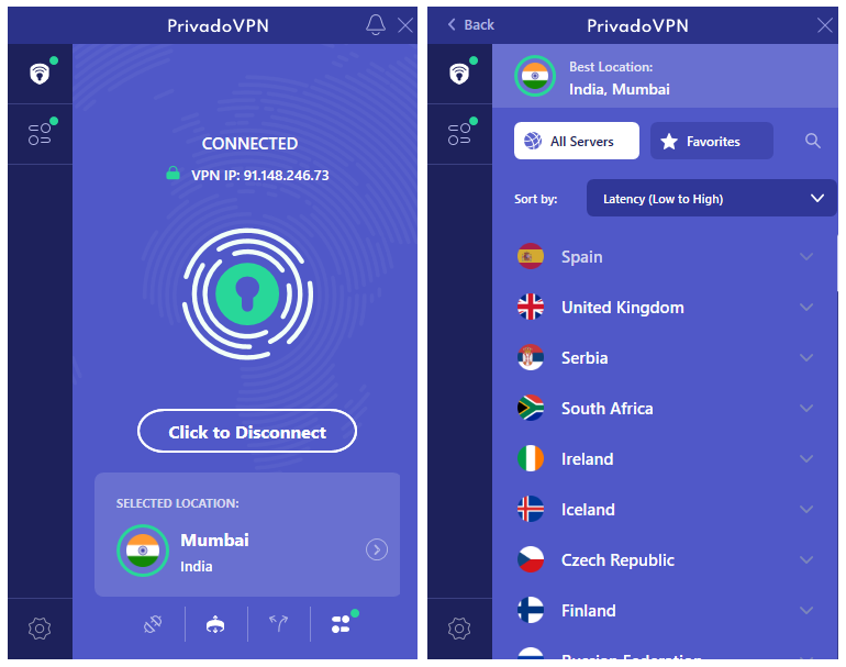 PrivadoVPN Interface