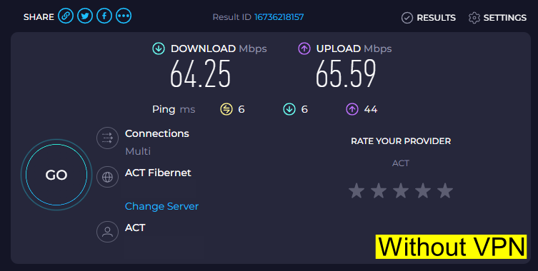 Speed test without VPN